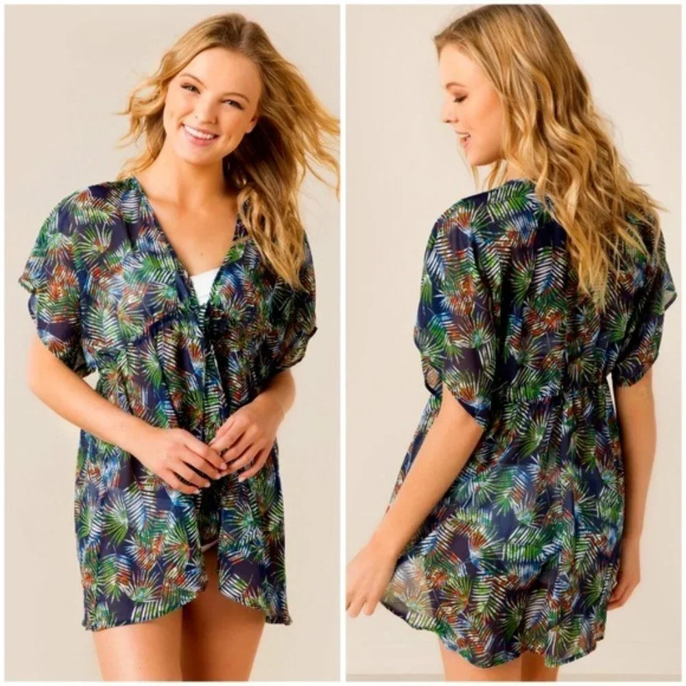SWIM Maui Palms Kimono Tie-Front Swim Cover-Up Francesca's | Swimsuit Be… - Picture 2 of 6